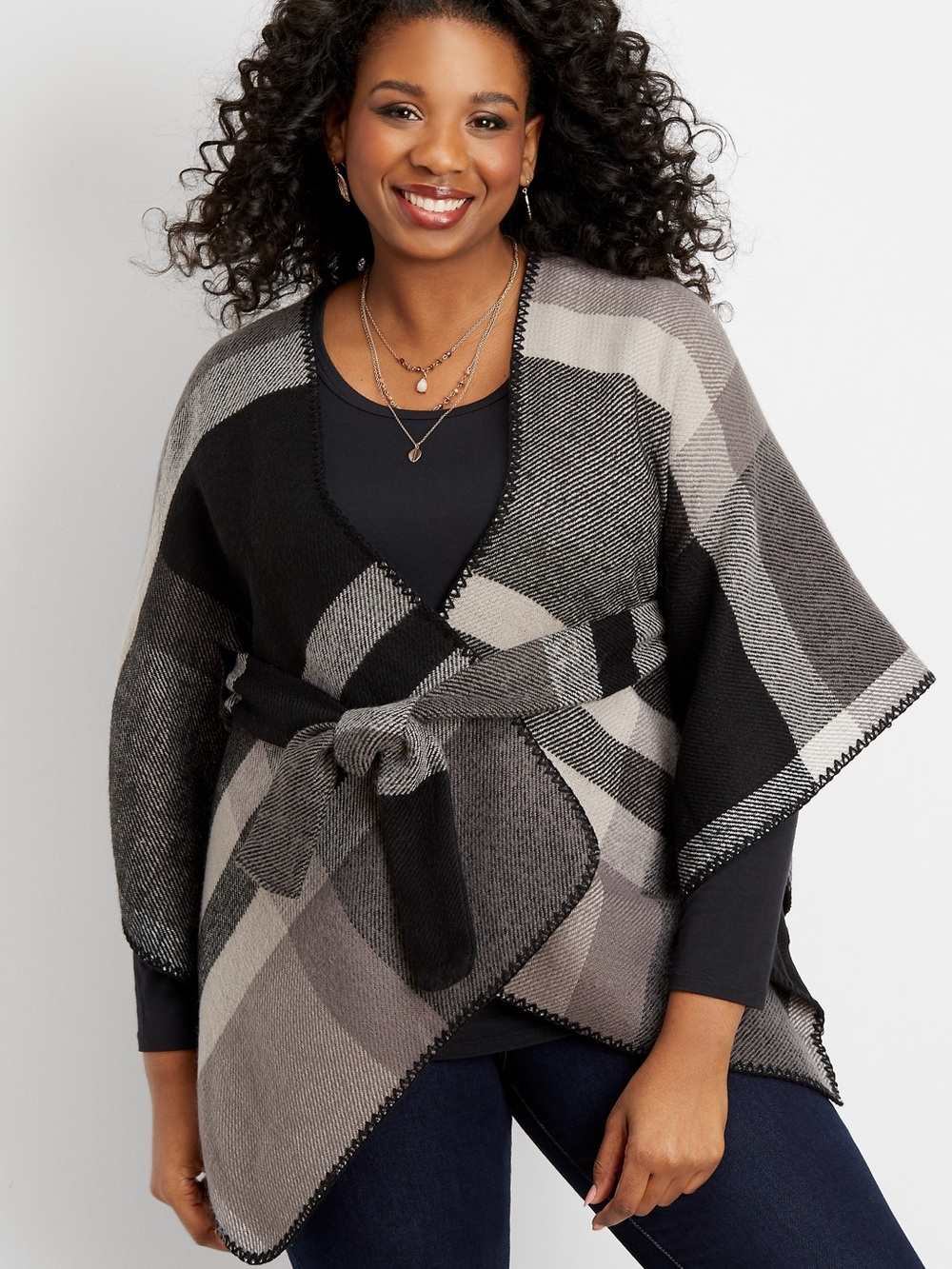 Plaid Knit Wrap Sweater - Gray/Black